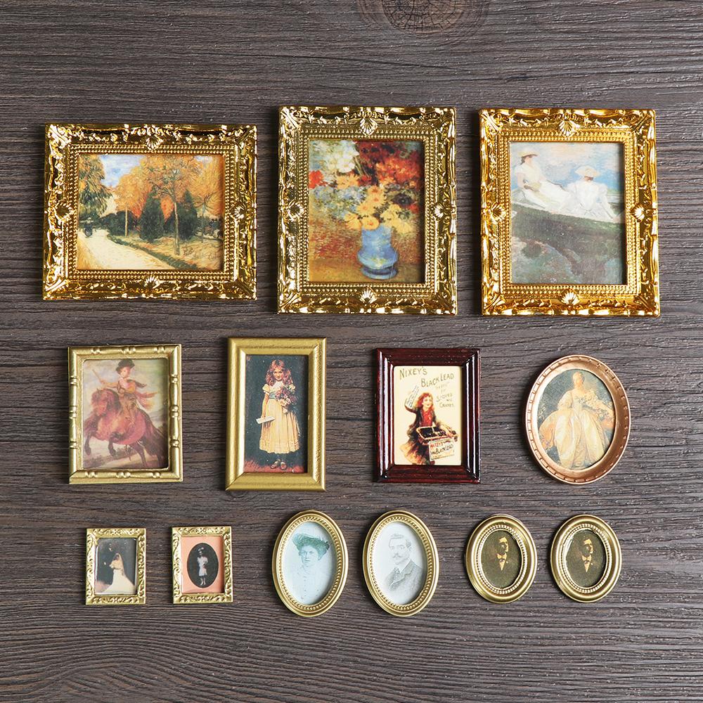 Vintage 1:12 Scale Miniature Oil Painting Toys Doll Accessories Dollhouse Ornament Framed Photos Mural Wall Picture Home Decor