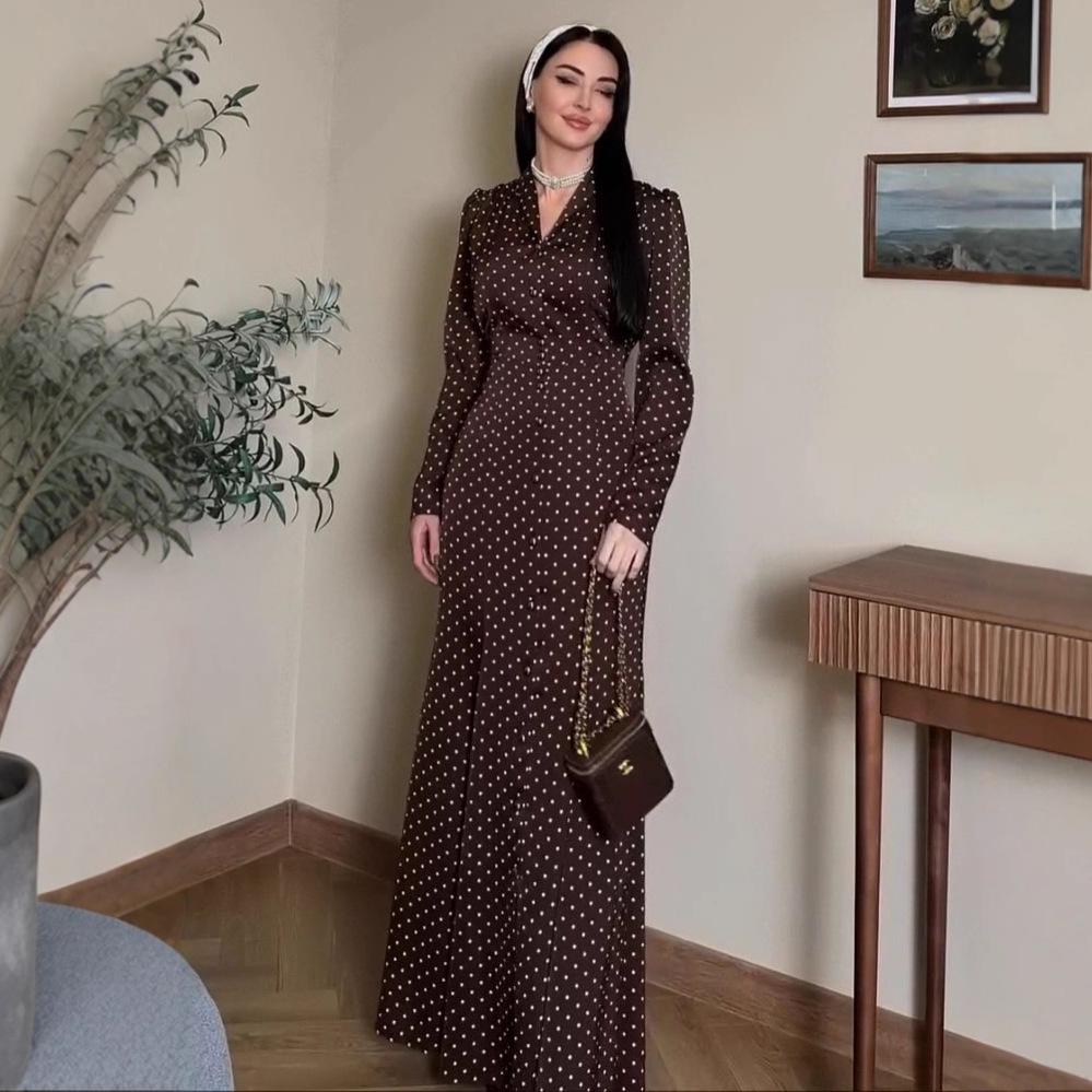 2025 Elegant V-neck Polka Dot Long-sleeved Dress for Women