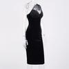 Single Shoulder Midi Dress Cut Out Mesh Velour Sexy Split Black Dress Woman Elegant Fashion Bodycon Party Wear