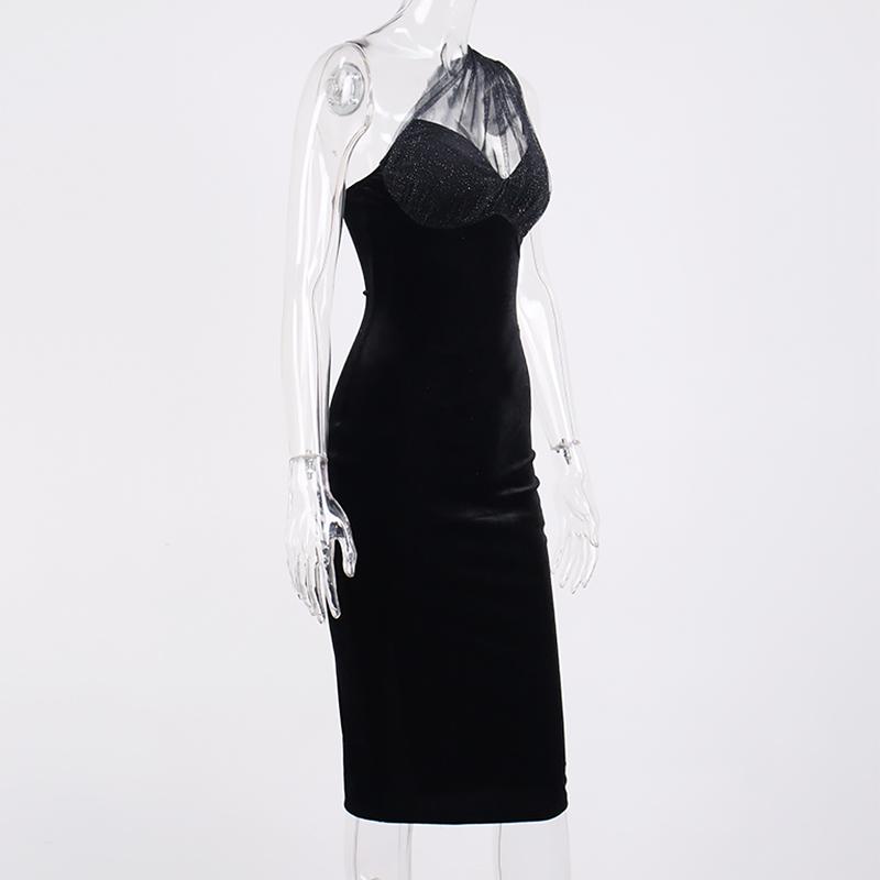 Single Shoulder Midi Dress Cut Out Mesh Velour Sexy Split Black Dress Woman Elegant Fashion Bodycon Party Wear