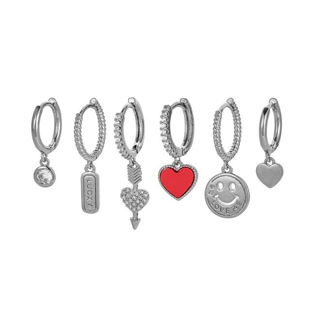 925 Sterling Silver 6-piece Earring Female Set Smiley Heart Lucky Hoop Earrings Personal Party Jewelry Gift