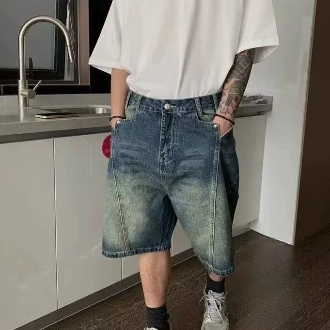 American Retro Casual Washing Design Denim Shorts Men's Old Splicing Versatile High Street Five-point Pants Summer