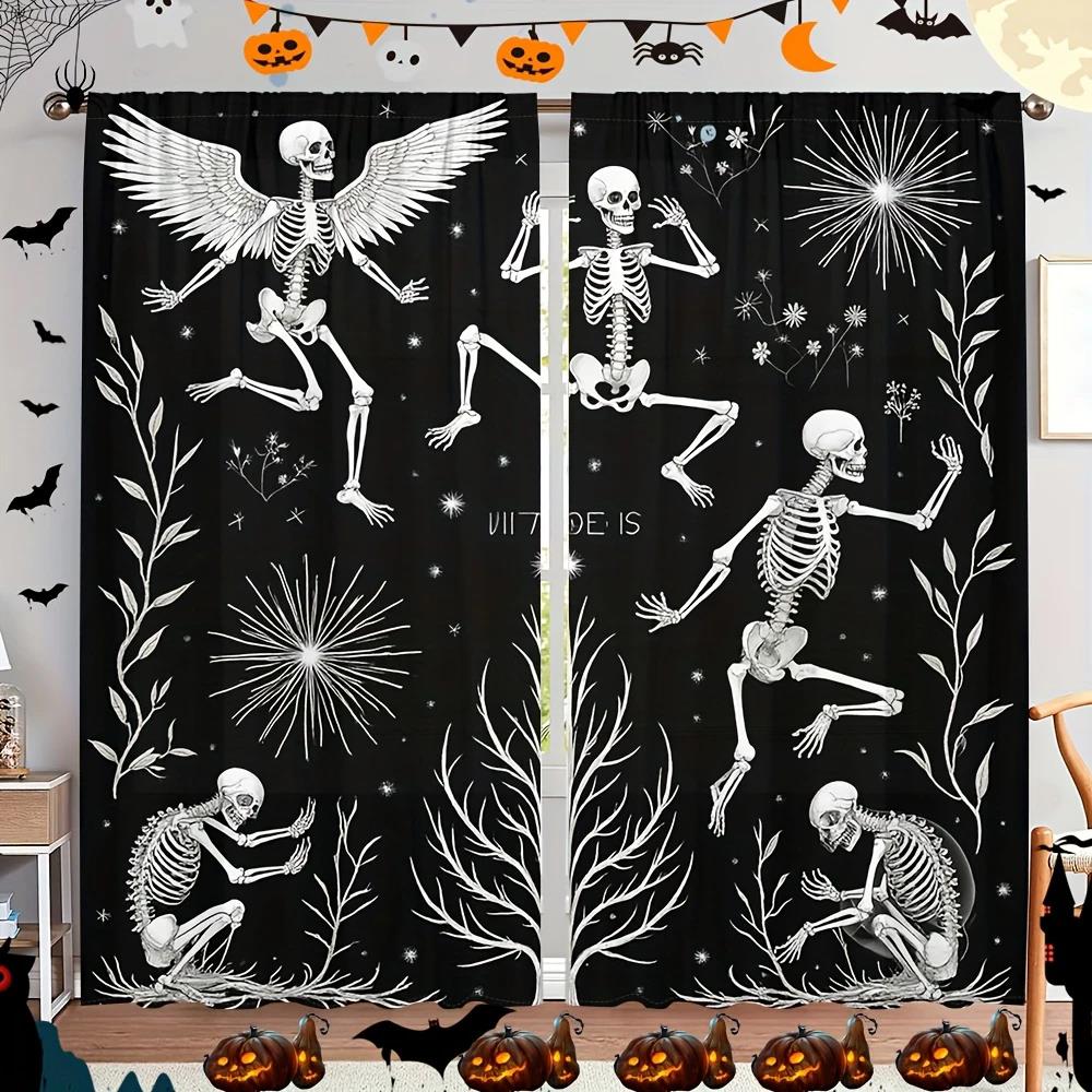 2pcs - Halloween Gothic style skull astronaut print curtains, pole bag home decoration, room decoration