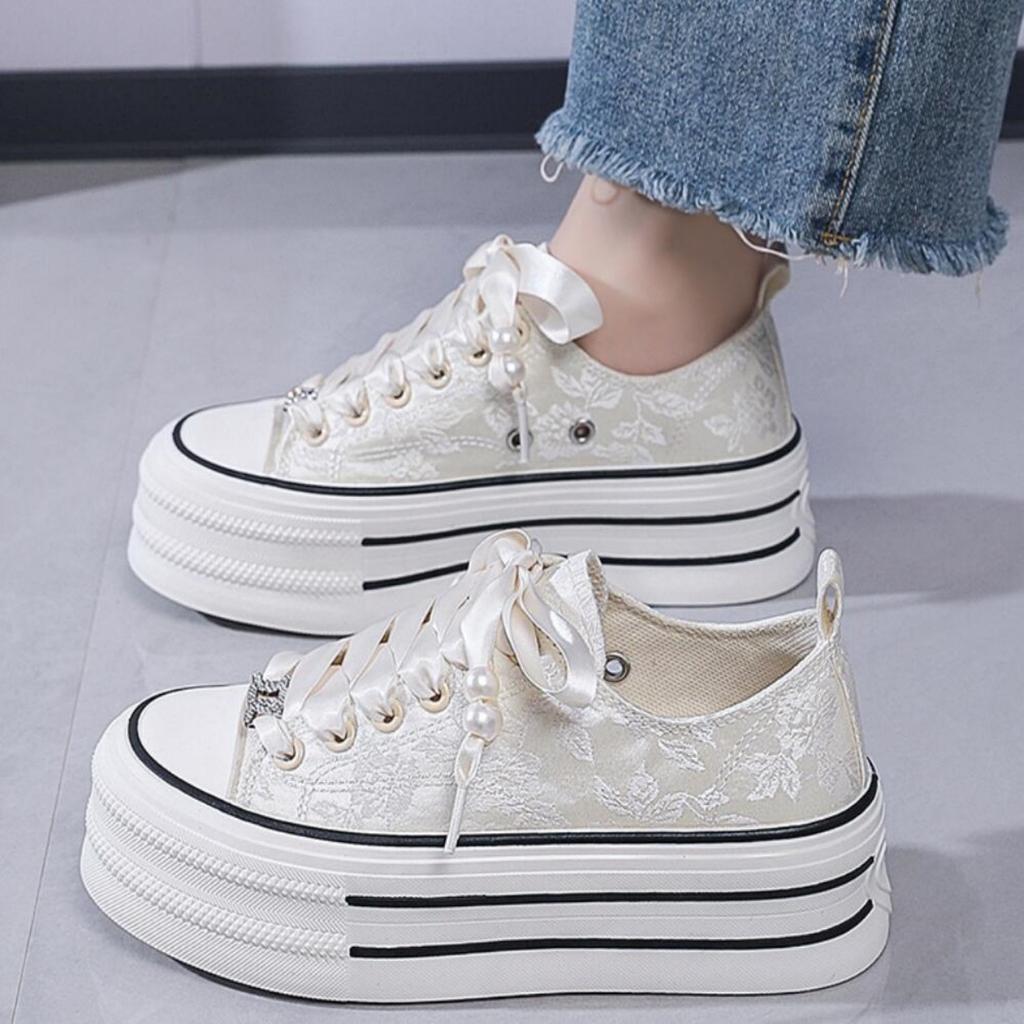 Fashion Women Platform Canvas Shoes Increasing Chunky Sneakers For Girls Outdoor Trainers Ladies All-match Espadrille Thick Sole Footwea