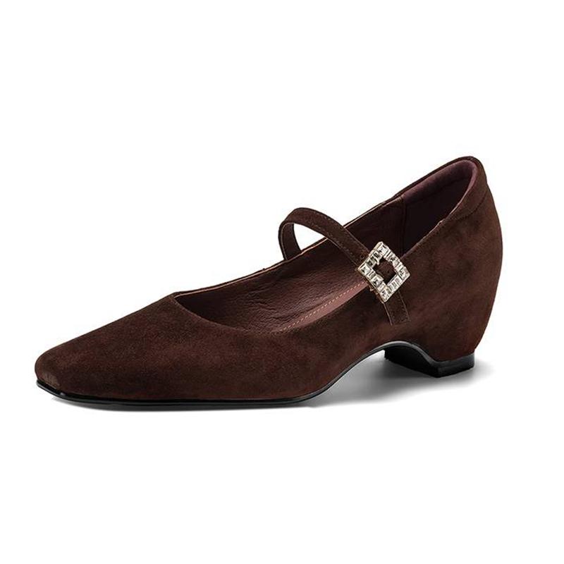Krazing Pot Sheep Suede Square Toe Med Heels Summer Shoes Big Size 42 Crystal Buckle Women Shallow Pumps