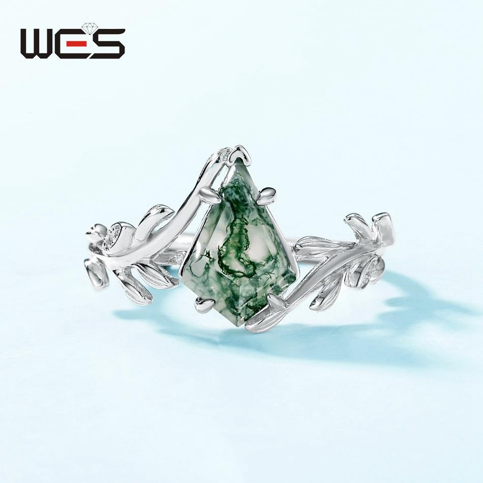 WES   CopperNatural Moss Agate Ring For Women Oval Cut Sea Grass Agate Flower Rings Wedding Party Jewelry Gift