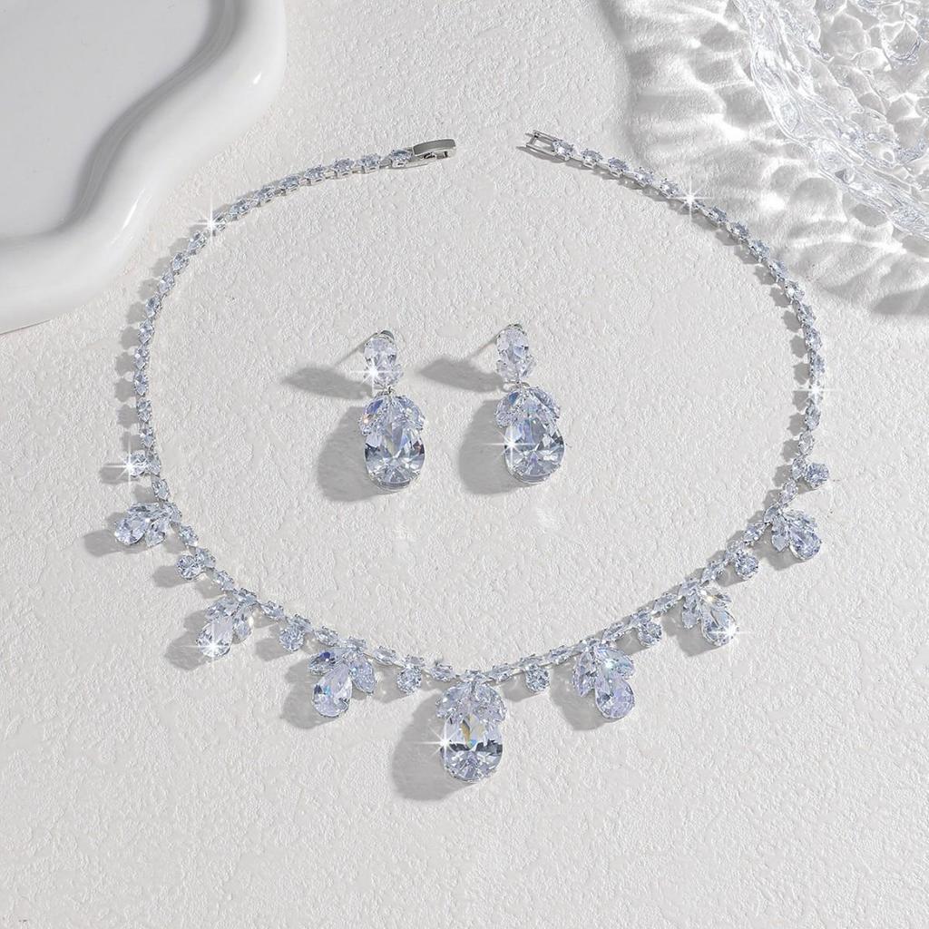 Set Fashion Trend Zircon Earrings & White Water Drop Necklace Jewelry