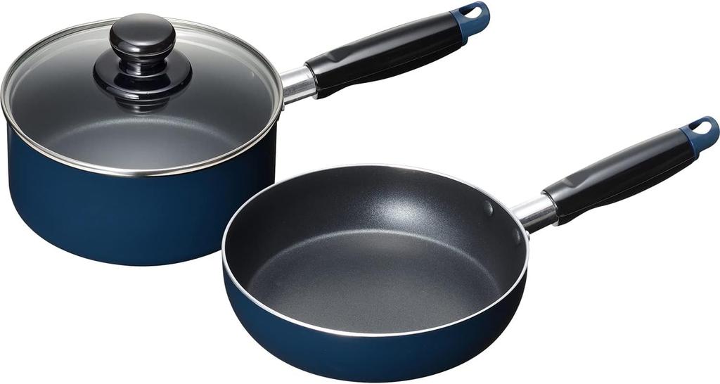 Wahei Freiz Easy-Care Cookware Set A: 16cm Saucepan & 18cm Frying Pan Set, Blue, Fluororesin Coating, IH & Gas Compatible, Stijie II MB-2377