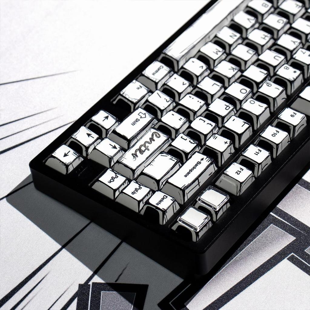 Retro PBT Keycaps Japanese Cartoon Theme Keycap Set 141 Key Cherry Profile Dye Sublimation Keycaps Black and White Keycaps for Cherry MX Mechanical