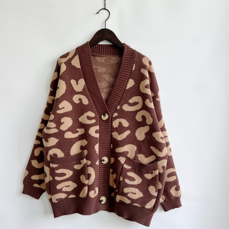 Autumn and Winter New Loose Casual Leopard Print Single Breasted Long Sleeved V-neck Knitted Sweater Jacket 3539 KTB