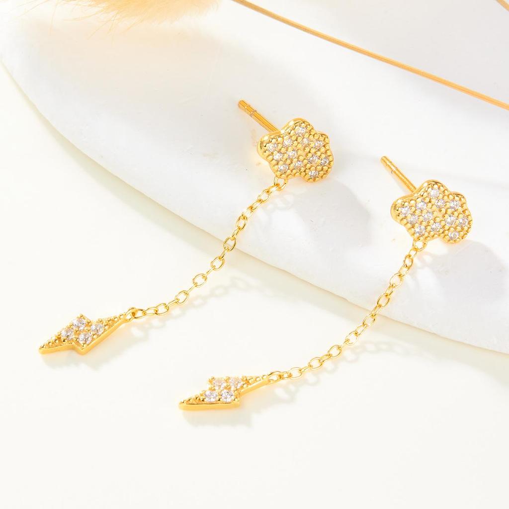 S925 Sterling Silver Rhinestone Cloud Lightning Stud Earrings - Women's Niche Design, Versatile Everyday Ear Jewelry