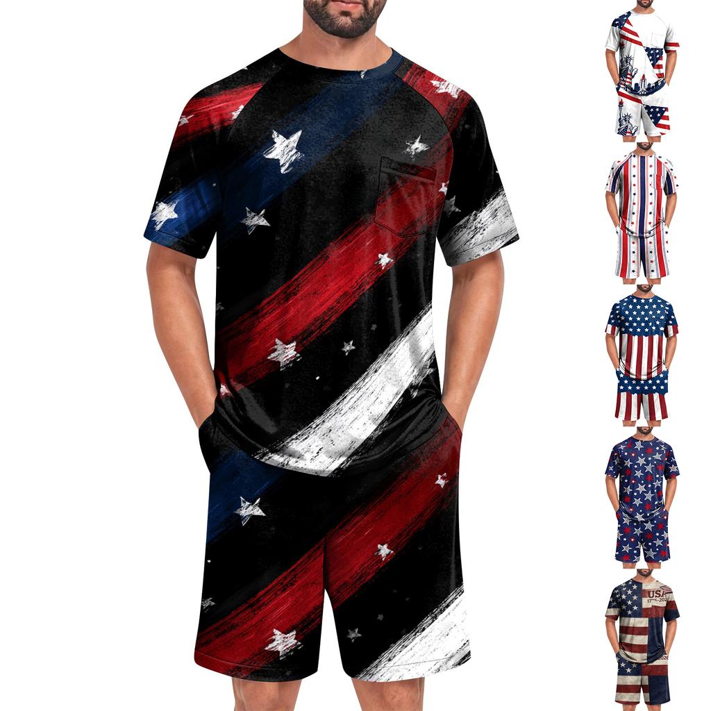 Men's Two Piece Sleepwear Set Short Sleeve Top and Shorts Lightweight Comfortable Soft Fabric Lounge Pajama Set for Summer Homewear