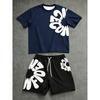 2026 Retro Y2K Bubble Letter Print Adult Men 2 Piece Tee Shorts Running Sports Casual Tracksuit Set