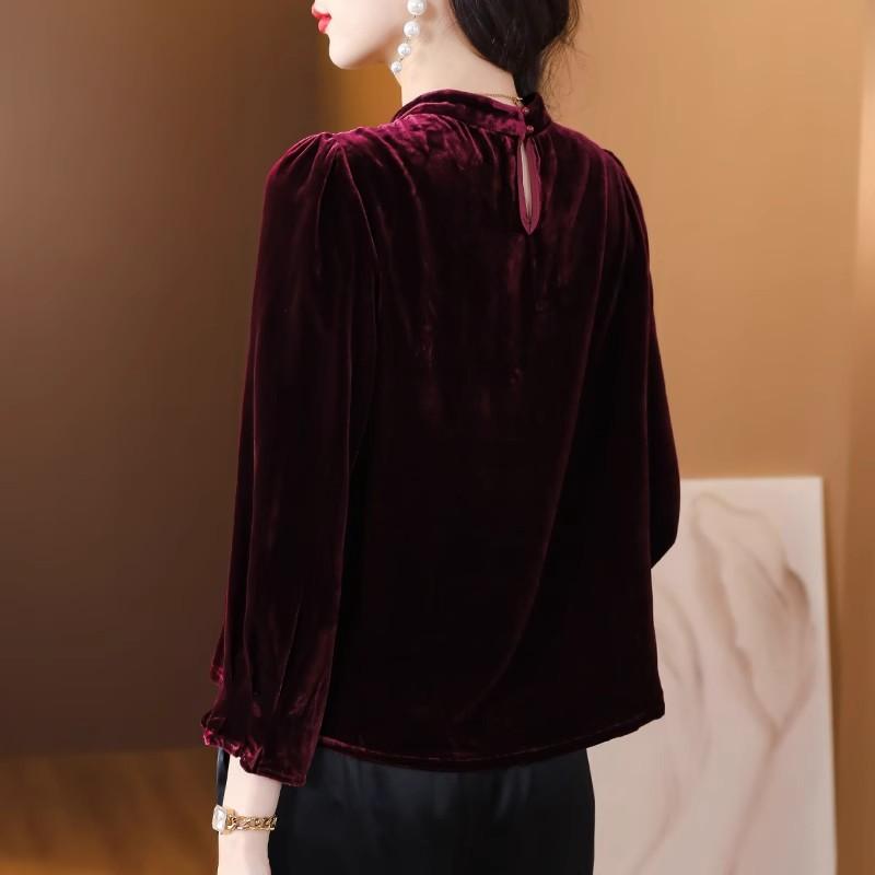 Dámský sametový top z hedvábí v podzimním novém stylu čínského střihu sametový s dlouhým rukávem temperamentní základní košile