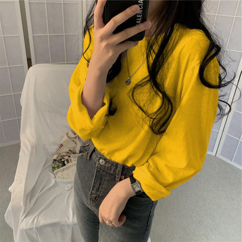 2023 Korean Style Women's Solid Color Long Sleeve T-shirt - Loose Fit, All-Match, for Spring & Autumn