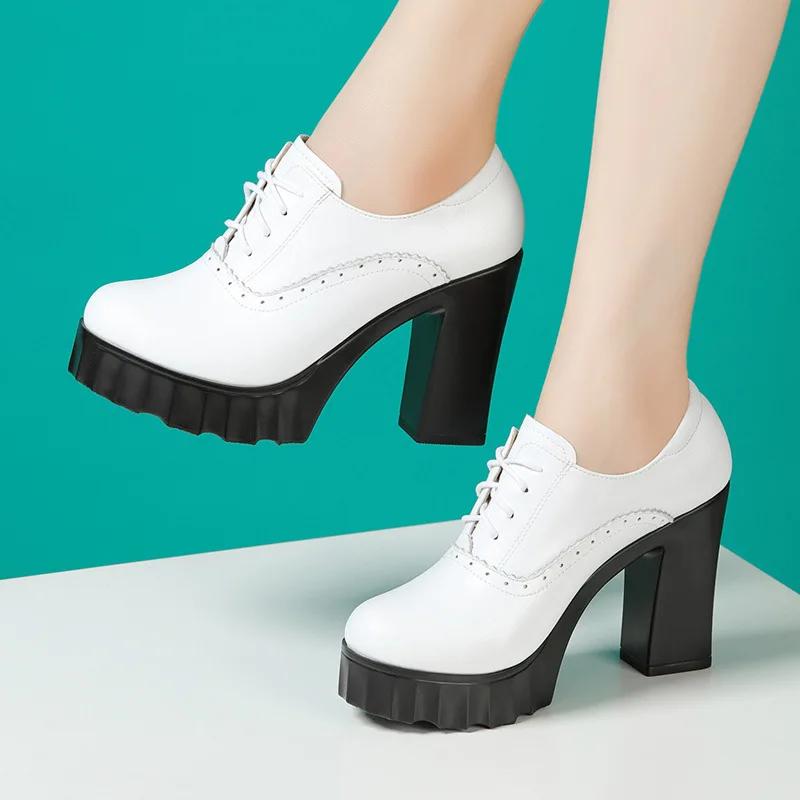 10cm Small Size 32-43 British Deep Mouth Platform Shoes Brogues Fall 2025 Block High Heels Shoes Genuine Leather Shoes Office