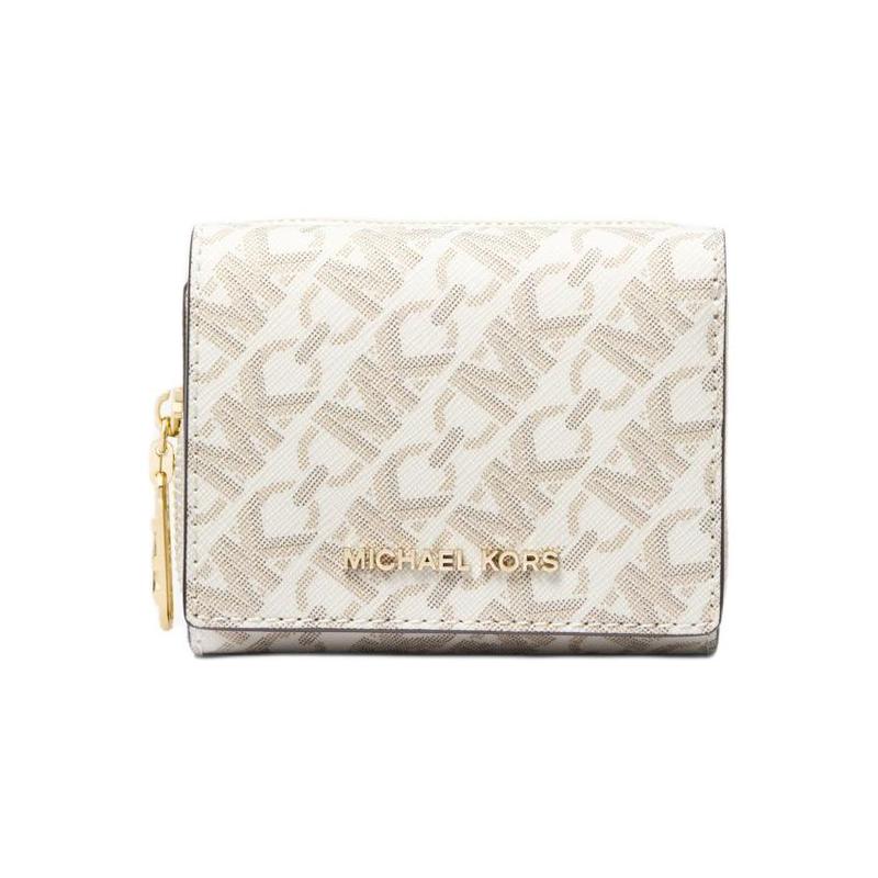 MICHAEL KORS Empire Iconic Logo Printed Tri-Fold PVC Wallet Unisex Couple Style Vanilla коричневый