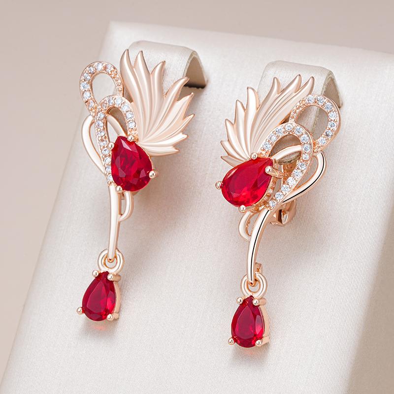 Shiny Red Natural Zircon Long Drop Earrings Women Fashion  Rose Gold Color High Quality Daily Fine Vintage Jewelry