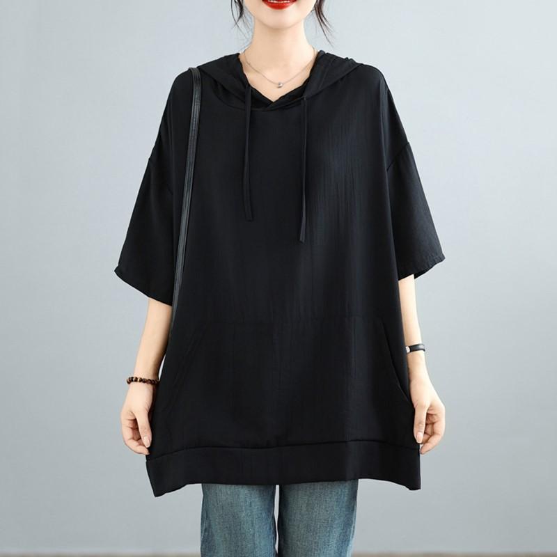 

Футболка свободного покроя с капюшоном в винтажном стиле, женская летняя футболка чёрный