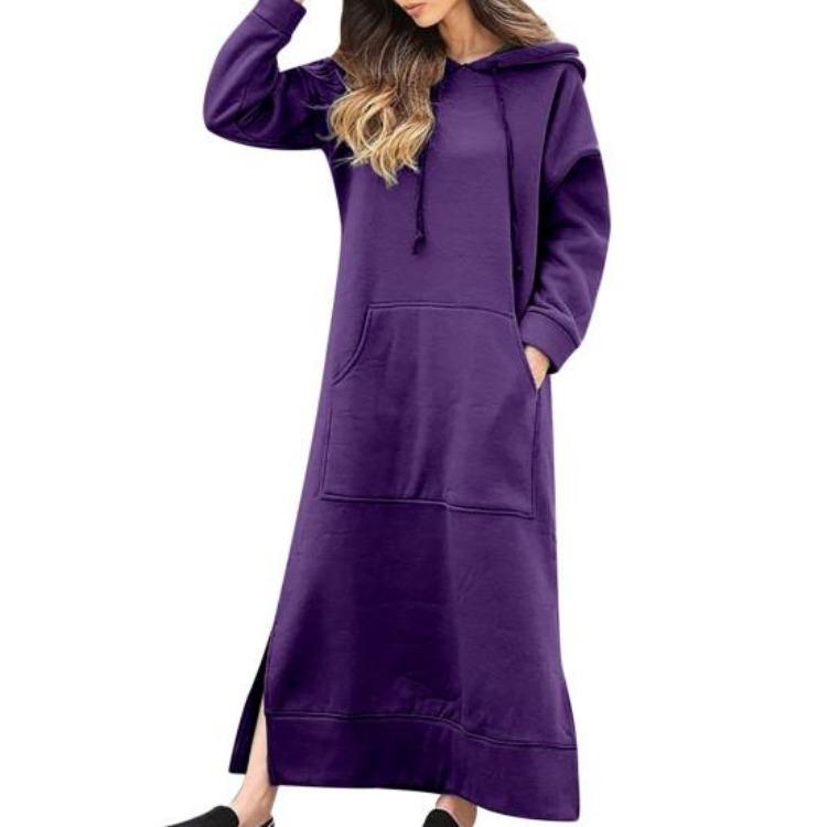 

Autumn Winter Women Solid Color Hooded Sweatshirt Dress Long Sleeve Drawstring Maxi Dress with Front Pocket and Side Split M фиолетовый