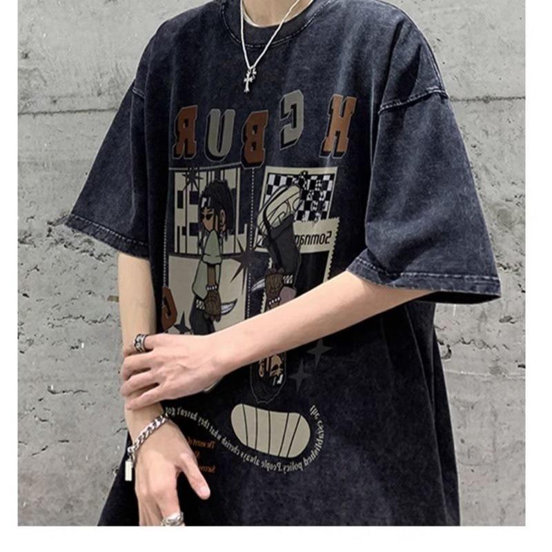 

Летняя мужская модная потертая футболка с короткими рукавами в американском стиле, футболки с холодным принтом и винтажной графикой, уличная одежда в стиле хип-хоп