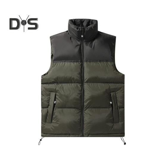 Men Cotton Waistcoat Stand Collar Sleeveless Patchwork Color Cotton Vest Coat with Pockets Elastic Drawstring Hem Zipper Placket Vest Outwear