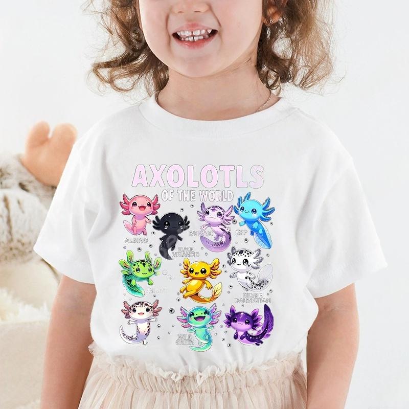 Colorful Cartoon Axolotls Graphic 3D Print T-Shirt Summer Casual Comfy Girls Clothes  Short Sleeve T-Shirt for Children Top