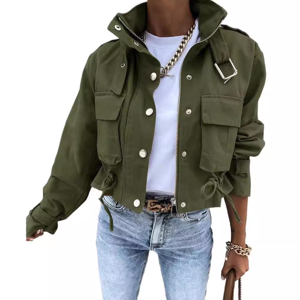 Cross-border foreign trade 2025 Amazon autumn and winter new women's clothing button zipper polo collar printed short casual coat