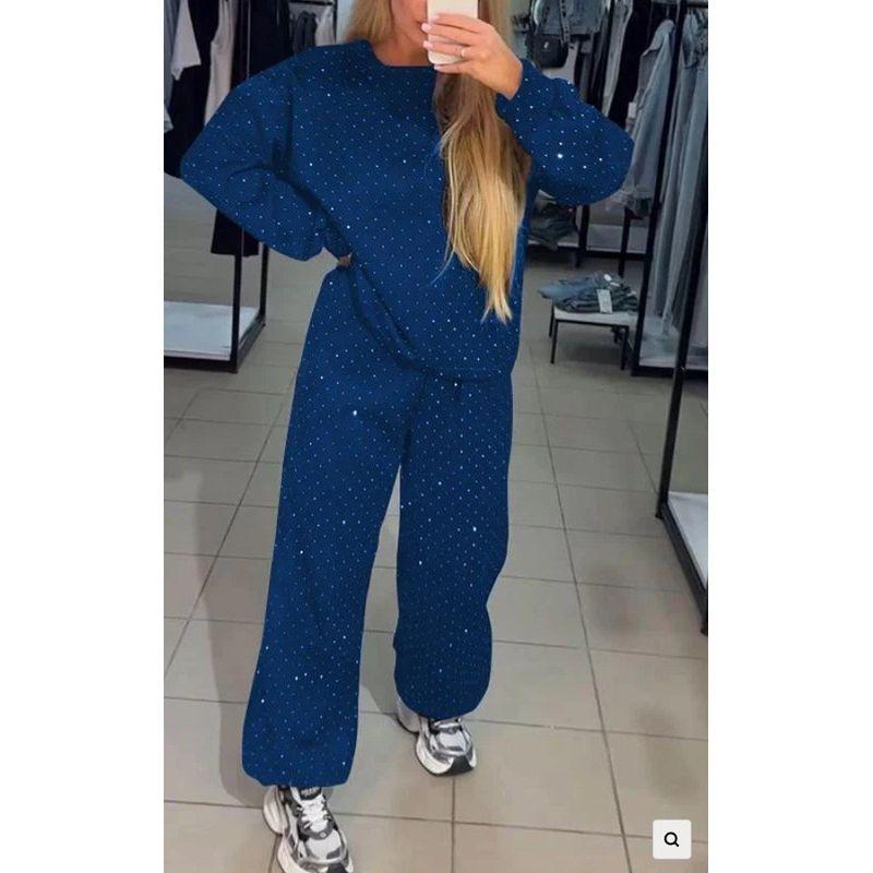 2025 Cross-Border Autumn and Winter Women clothes Casual round Neck Long sleeve Hoodie Full Body Hot Drilling Drawstring Ankle-Tied Trousers Set Suit