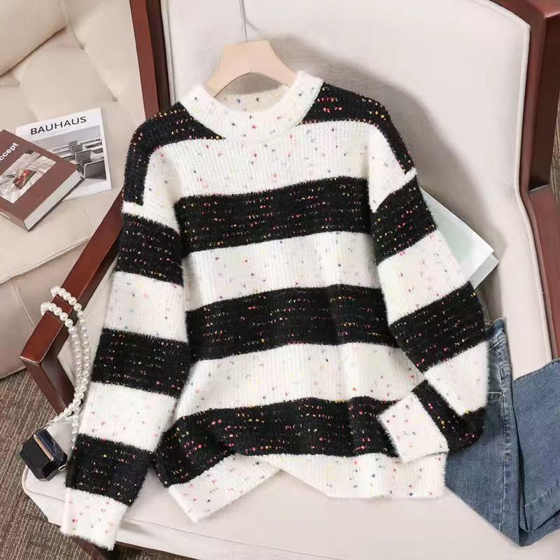 New special yarn half-height round neck loose thickened warm color matching horizontal strip with knitted top sweater women