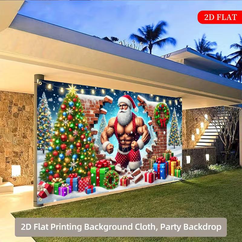 2D Christmas Garage Door Backdrop, Funny Buff Santa Holiday Background Cloth for Outdoor Decoration