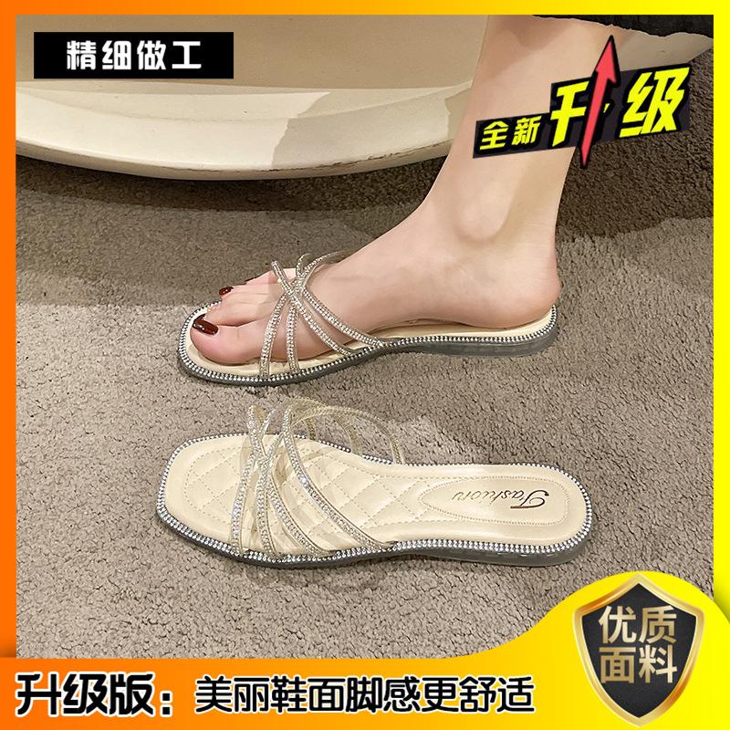 

Fashion rhinestone flat-bottomed cool slippers for women s outer wear summer new niche casual beach cool slippers 35
