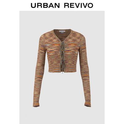 UR 2024 Autumn Women's Maillard Style Tie-Front V-Neck Knit Cardigan