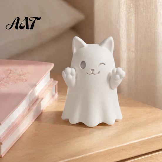 Hand Painted Craft Kits 3D Printed Cute Ghost Cat Figurine, Wink Smile Surprise Spooky Halloween Decor, Unique Party Table Decorations Blank White DIY
