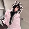 Women's Hooded Zip‑Up Fleece Jacket Cat Ear Leopard Lined Loose Warm Coat For Autumn Winter Casual Streetwear