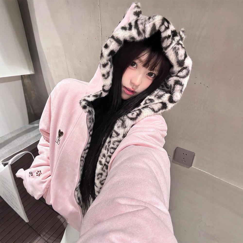 Women's Hooded Zip‑Up Fleece Jacket Cat Ear Leopard Lined Loose Warm Coat For Autumn Winter Casual Streetwear