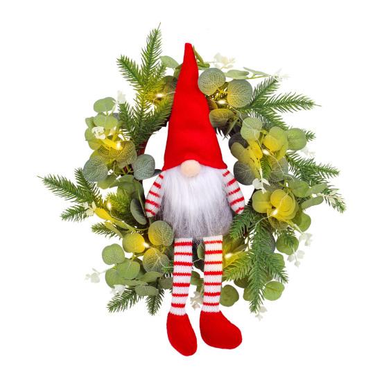 

Yousheng Pre-lit Christmas Gnome Wreath Artificial Winter Wreath with Eucalyptus Leaf Pine Spruce Swedish Tomte Hanging Sign for Front Door Home зелёный