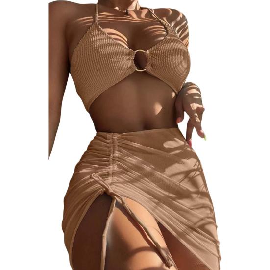 3Pcs/Set Women Bikini Set Solid Color Halter Metal Ring Backless Padded Wire