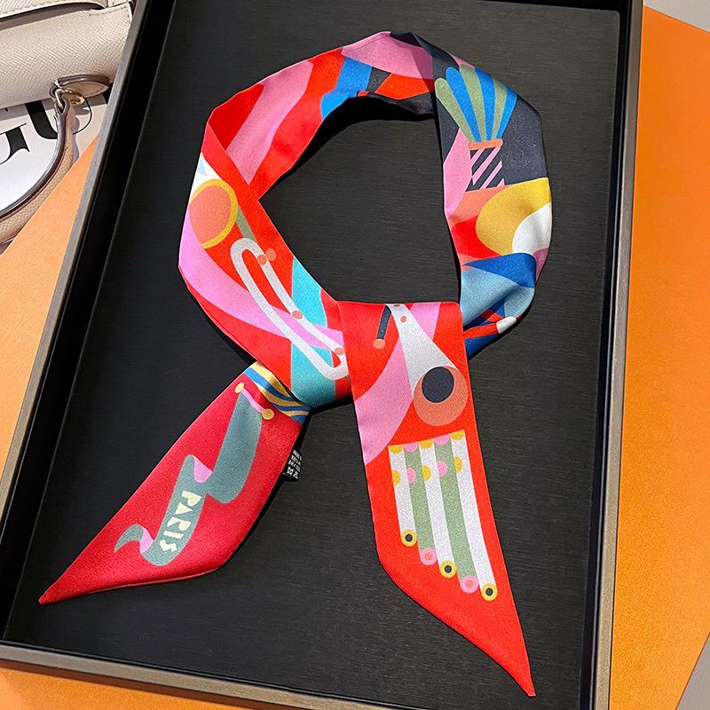 Luxury Brand Silk Skinny Scarf Bag Handle Ribbon Ladies Horse Print Headband Small Hair Scarves Band Female