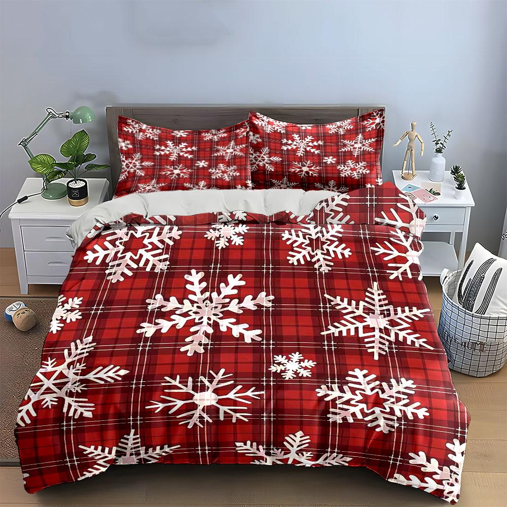 Red Plaid Snowflake Pattern Bedding Duvet Cover Set Duvet Cover Pillowcases (1*Duvet Cover 2*Pillowcases, without duvet insert)