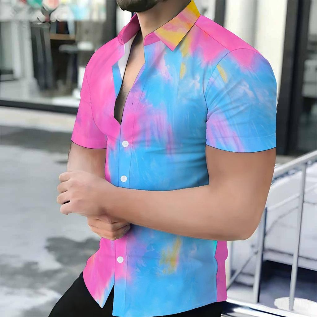 Women Short Sleeve Shirt Pink Blue Spiral Tie Dye Glitter Star Print Lapel Button Up Top
