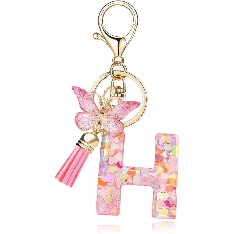 English Alphabet Letter Tassels Keychain Pink Butterfly Pendant Key Chain Women Car Key Ring Bag Jewelry Simple Letter Name Gift