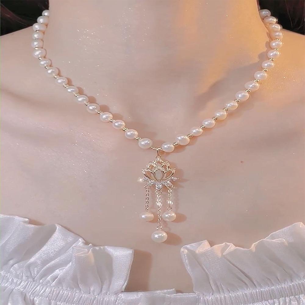 Pearls Party Jewelry Zinc Zinc Alloy Women's Necklace Lotus Shape Crystal Pendant Korean Style Necklace