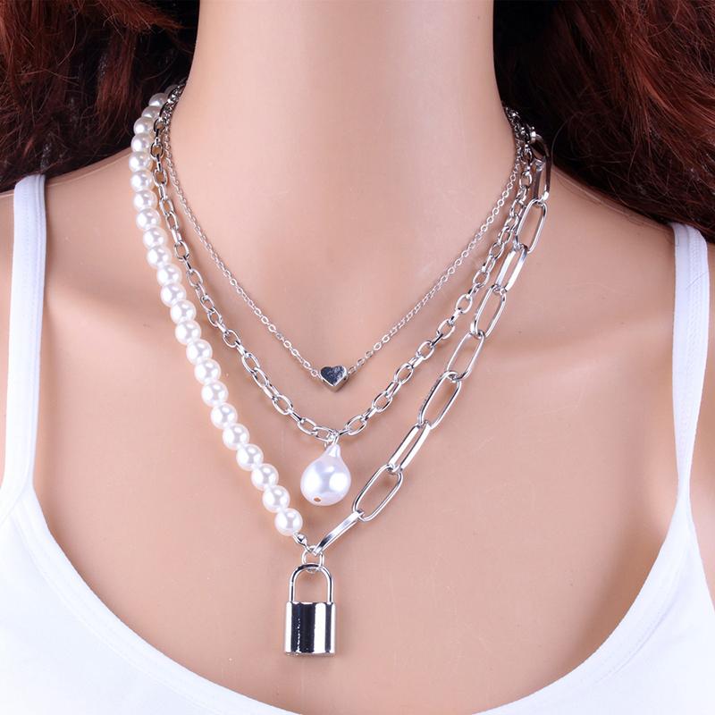 Fashion Chain Pearl Necklace For Women Baroque Pearl Metal Charm Pendant Necklaces Choker Snake Chain Zircon Gold Copper Color