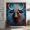 Modern Bull Bath Mat Decor Shower Curtain Fabric Waterproof Bathroom Wall Hanging With Abstract Blue Gold Orange Leaf Floral Pat