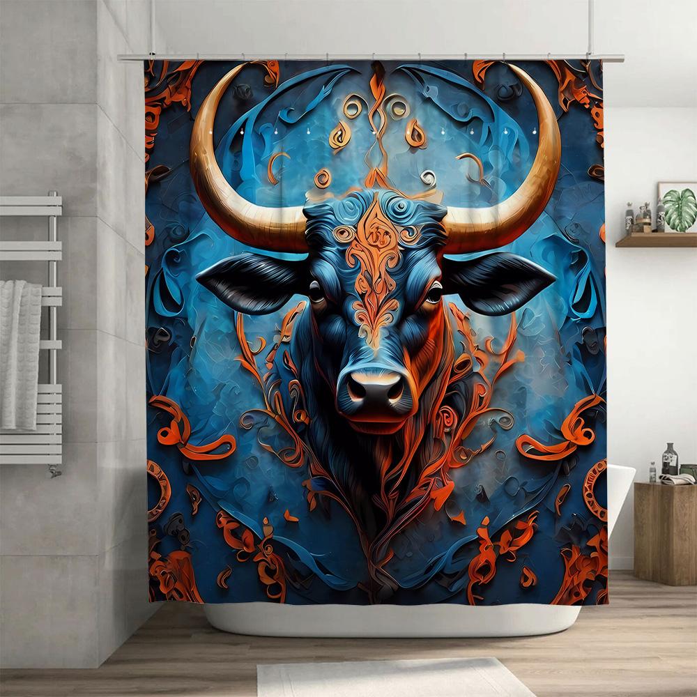 Modern Bull Bath Mat Decor Shower Curtain Fabric Waterproof Bathroom Wall Hanging With Abstract Blue Gold Orange Leaf Floral Pat