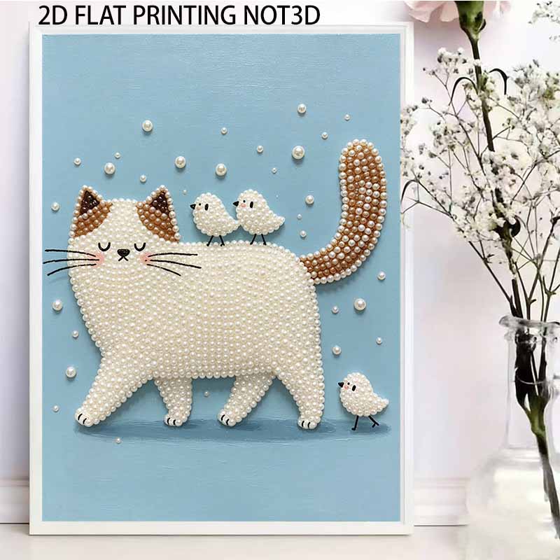 Easy DIY Framed Pearl Bead Painting Kit with Cute Cat and Little Birds 3D Sparkling Canvas Art for Home Decoration Gift Idea for Craft Fans