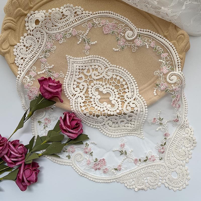 2pack Vintage Oval Lace Table Placemats, Exquisite Flower Embroidered Doilies vase mat, 12 X 18 Inch (White)