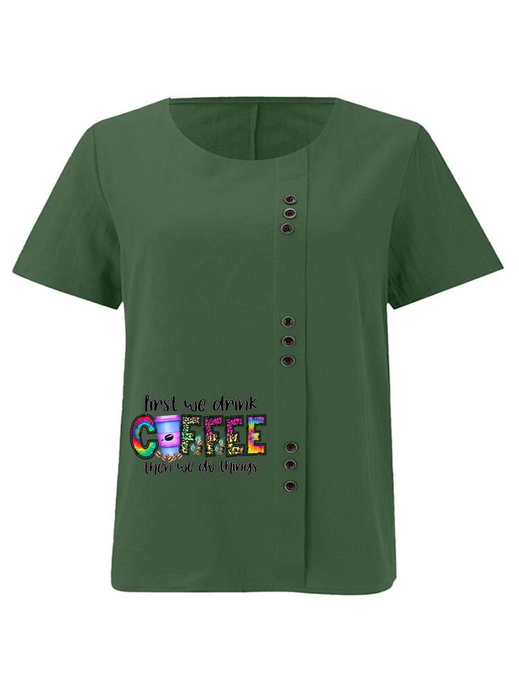 Women's Fashion Coffee Alphabet Print Printing Shot Sleeve T-shirt Loose Cotton Shirt Casual Loose Summer Plus Size Blouse Tops