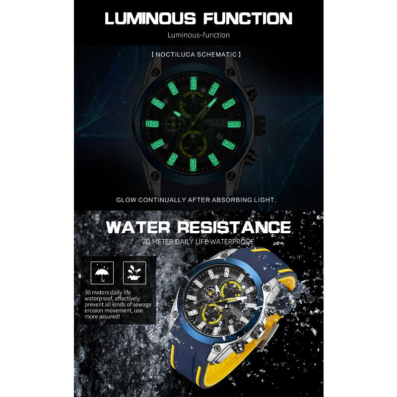 Megir Men's Quartz Watch Luxury Silicone Band 3ATM Water Resistant Business Chronograph Mens Sports WristWatches